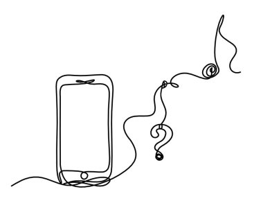 Beyaz arkaplanda çizgi çizimi olarak soyut mobil ve soru işareti