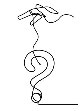 Beyaz arkaplanda sürekli çizgiler olarak elle soyut soru işareti