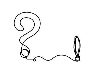 Beyaz arkaplanda sürekli çizgiler çizen ünlem işaretli soyut soru işareti