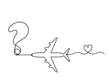 Beyaz arkaplanda sürekli çizgiler olarak düzlem ile soyut soru işareti