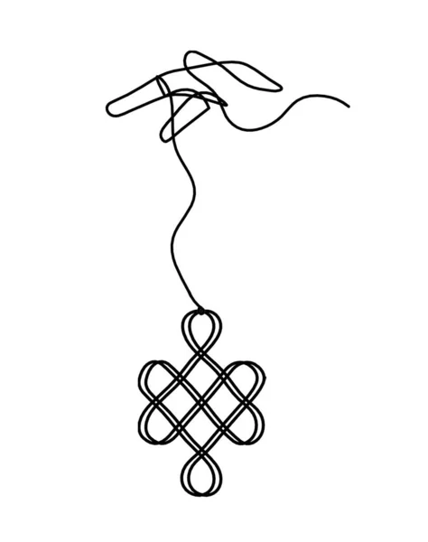 白い背景に線描きとして手で無限の恵まれた結び目の印 — ストックベクタ