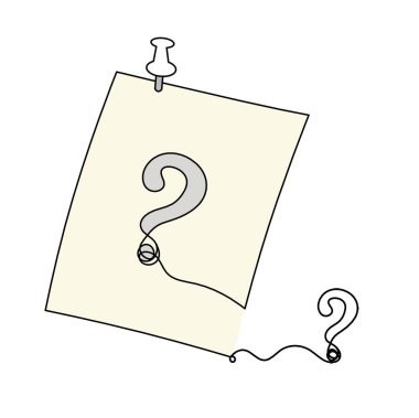 Abstract color paper with paper clip and question mark as line drawing on white as background