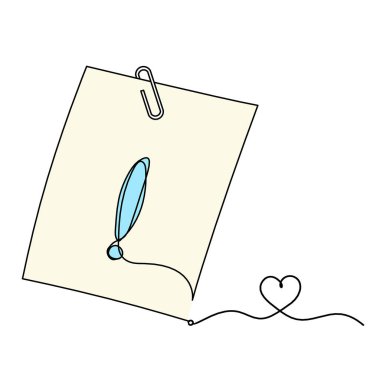 Abstract color paper with paper clip and heart as line drawing on white as background