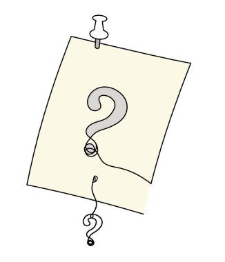Abstract color paper with paper clip and question mark as line drawing on white as background