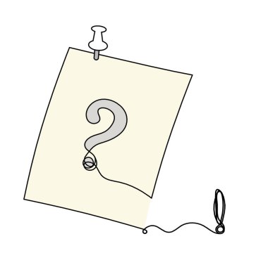 Abstract color paper with paper clip and exclamation mark as line drawing on white as background