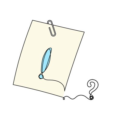 Abstract color paper with paper clip and question mark as line drawing on white as background