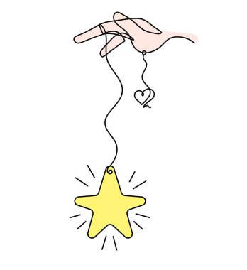Beyaz arkaplan üzerine çizgi çizimi olarak el ve kalbi olan soyut renk yıldızı