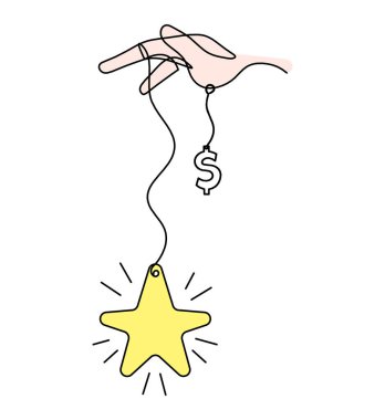 Beyaz arkaplan üzerine çizgi çizimi olarak el ve dolar ile soyut renk yıldızı