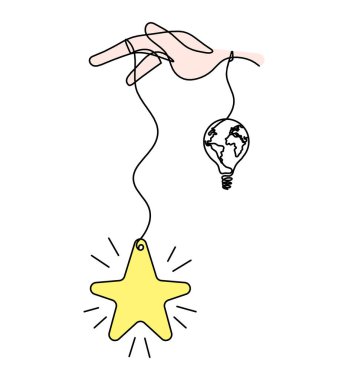 Beyaz arkaplanda çizgi çizimi olarak el ve ampullü soyut renk yıldızı