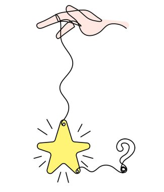 Beyaz arkaplanda çizgi çizimi olarak el ve soru işareti olan soyut renk yıldızı