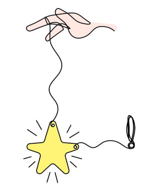 Beyaz arkaplanda çizgi çizimi olarak el ve ünlem işaretli soyut renk yıldızı