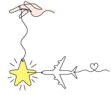 Beyaz arkaplan üzerine çizgi çizimi olarak el ve düzlem ile soyut renk yıldızı