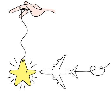 Beyaz arkaplan üzerine çizgi çizimi olarak el ve düzlem ile soyut renk yıldızı