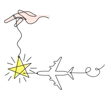 Beyaz arkaplan üzerine çizgi çizimi olarak el ve düzlem ile soyut renk yıldızı