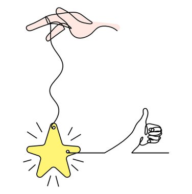 Beyaz arkaplan üzerine çizgi çizimi olarak el ve el ile soyut renk yıldızı