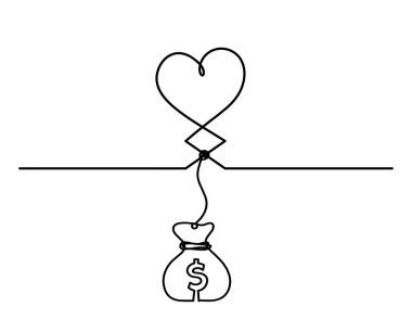 Beyaz arkaplanda sürekli çizgi olarak dolar olan soyut kalpler