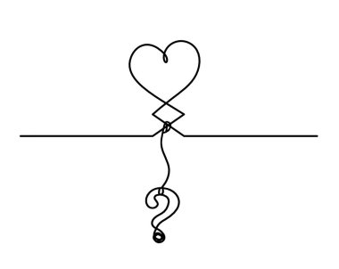 Soru işareti olan soyut kalpler beyaz arkaplanda sürekli çizgi çizer