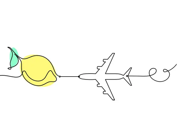 Color drawing line lemon with plane on the white background