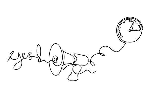 Mégaphone Abstrait Horloge Comme Lignes Continues Dessin Sur Fond Blanc — Image vectorielle
