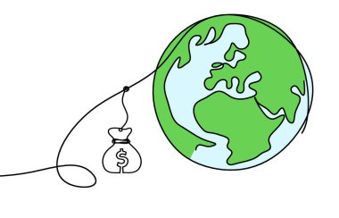 Soyut renk gezegeni Dünya ve dolar arkaplan olarak beyaz üzerine çizgi çiziyor