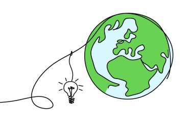 Dünya gezegeninin soyut renginde arkaplan olarak beyaz üzerine çizgi çizen bir ampul