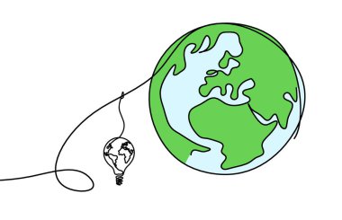 Dünya gezegeninin soyut renginde arkaplan olarak beyaz üzerine çizgi çizen bir ampul