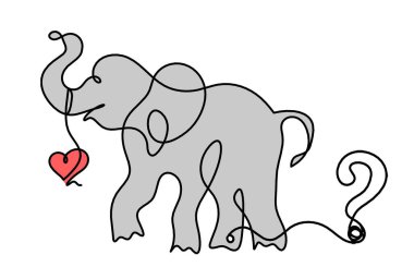 Beyaz üzerine çizgi çizen soru işareti olan soyut fil silueti