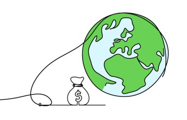 Soyut renk gezegeni Dünya ve dolar arkaplan olarak beyaz üzerine çizgi çiziyor