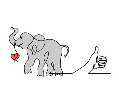 Renkli siluet, soyut fil ve beyaz üzerine çizgi çizen el.