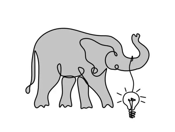 Silhouette of color abstract elephant with light bulb as line drawing on white