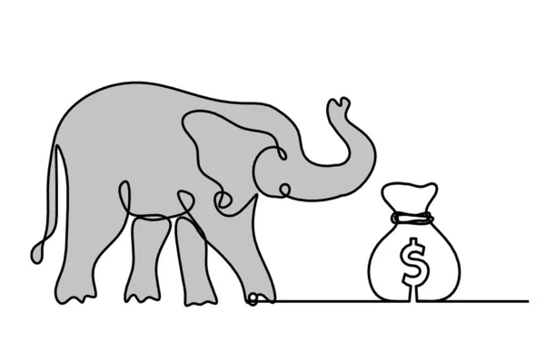 Silhouette of color abstract elephant with dollar as line drawing on white