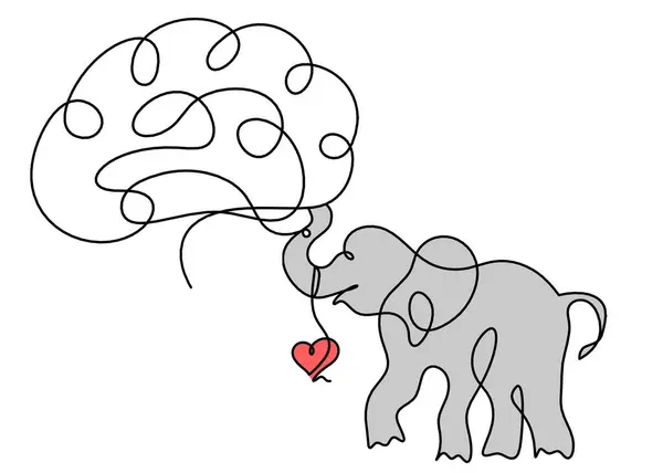 Silhouette of color abstract elephant with brain as line drawing on white