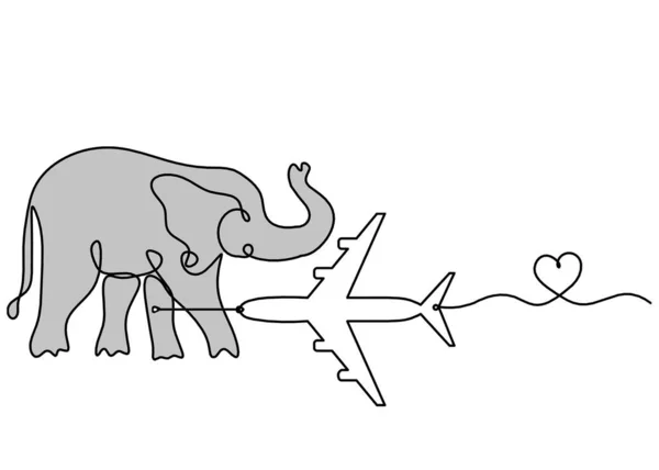 Silhouette of color abstract elephant with plane as line drawing on white