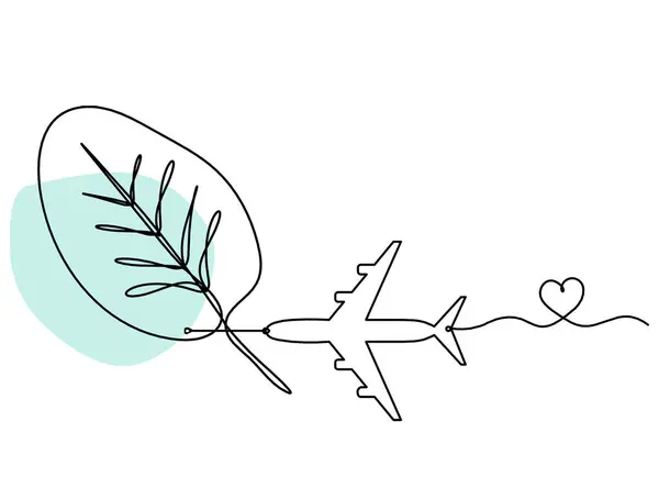 Abstract color leaf with plane as line drawing on the white background