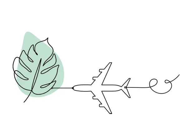 Abstract color leaf with plane as line drawing on the white background