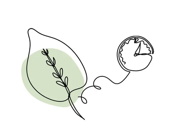 Abstract color leaf with clock as line drawing on the white background