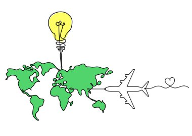 Dünya gezegeninin renk haritası ve beyaz arkaplan üzerine çizgi çizen düzlemli ampul