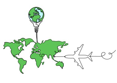 Dünya gezegeninin renk haritası ve beyaz arkaplan üzerine çizgi çizen düzlemli ampul