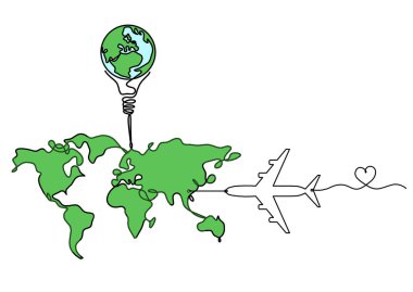 Dünya gezegeninin renk haritası ve beyaz arkaplan üzerine çizgi çizen düzlemli ampul