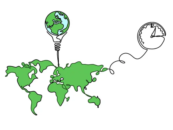 Mapa Cores Planeta Terra Lâmpada Com Relógio Como Linha Desenho — Fotografia de Stock