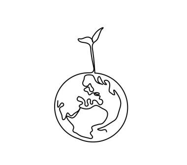 Beyaz arkaplanda çizgi olarak Dünya gezegeni olan soyut bitki