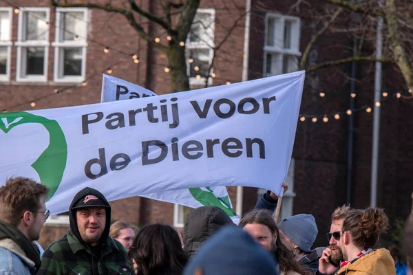 Zamknij Flagę Partij Van Dieren Pokazie Niet Mijn Schuld Amsterdamie — Zdjęcie stockowe