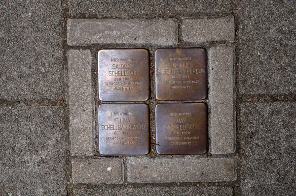 アムステルダムの家族SchellevisのStolperstein記念石 オランダ14 2022 — ストック写真
