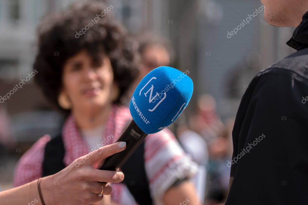 Close Up Microphone Nieuwsuur At The Student Demonstration Free Palestinian At The UVA University Amsterdam The Netherlands 7-5-2024