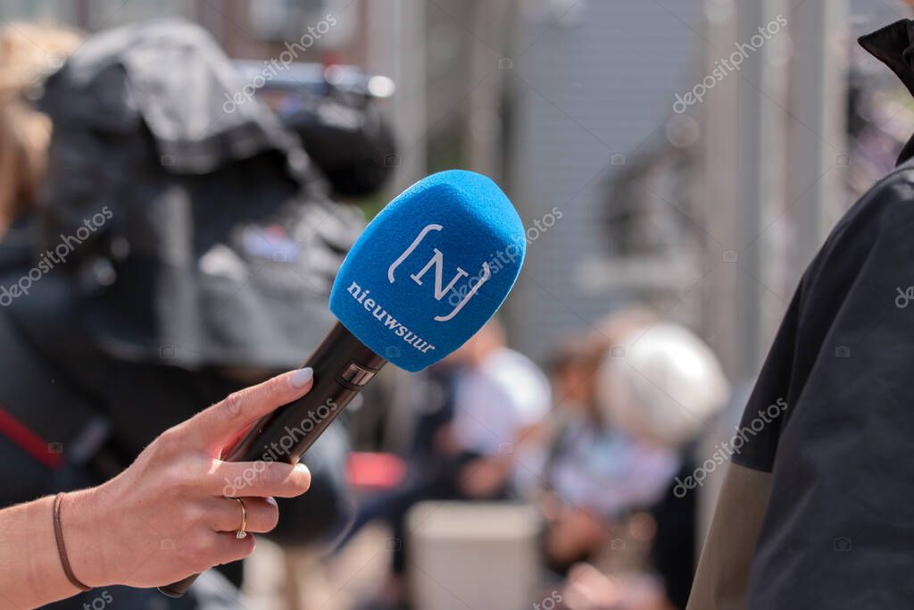 Close Up Microphone Nieuwsuur At The Student Demonstration Free Palestinian At The UVA University Amsterdam The Netherlands 7-5-2024