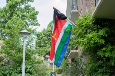 Hollanda ve Surinam Flag Amsterdam 'da bir okul çantasıyla 9-7-2024