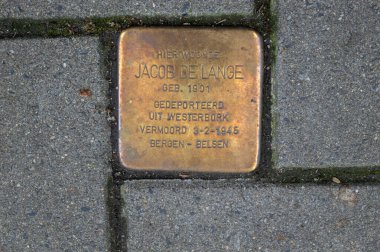 Stolperstein Anıt Taşı Amsterdam 'daki Jacob De Lange' den Hollanda 21-3-2024