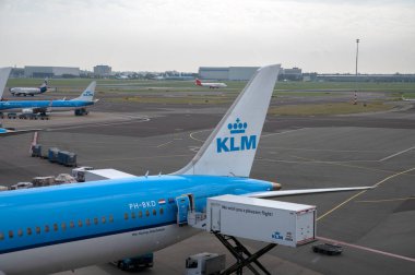 Schiphol 'da bir KLM uçağının arkasında yemek servisi yapmak. Hollanda 29--2024