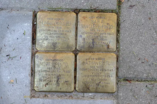 stock image Stolperstein Memorial Stone From Family Pinto And Cleef At Amsterdam The Netherlands 21-3-2024