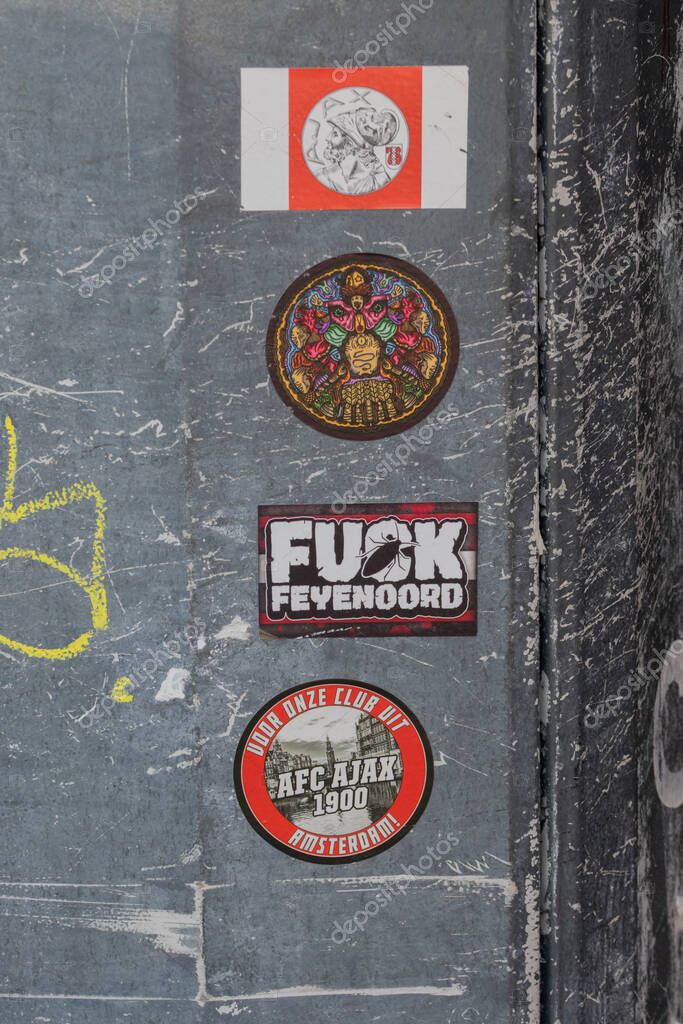 Close Up Feyenoord And Ajax Sticker At Amsterdam The Netherlands 15-5-2025